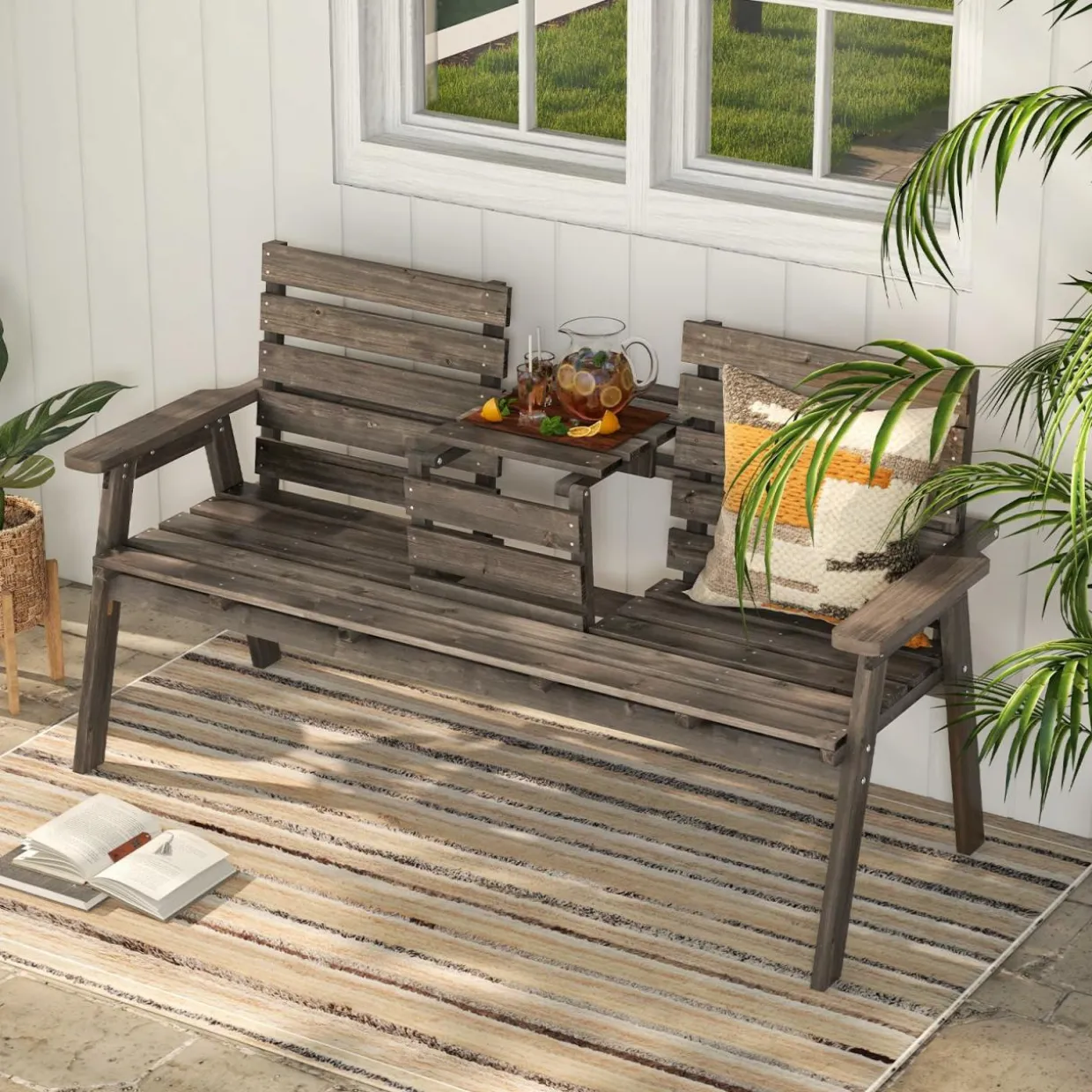 Tangkula Outdoor Fir Wood Bench with Foldable Middle Table, 2-3 Person Garden Bench (Coffee)