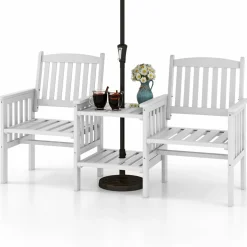Tangkula Outdoor Fir Wood Loveseat with 2-Tier Side Table and Umbrella Hole