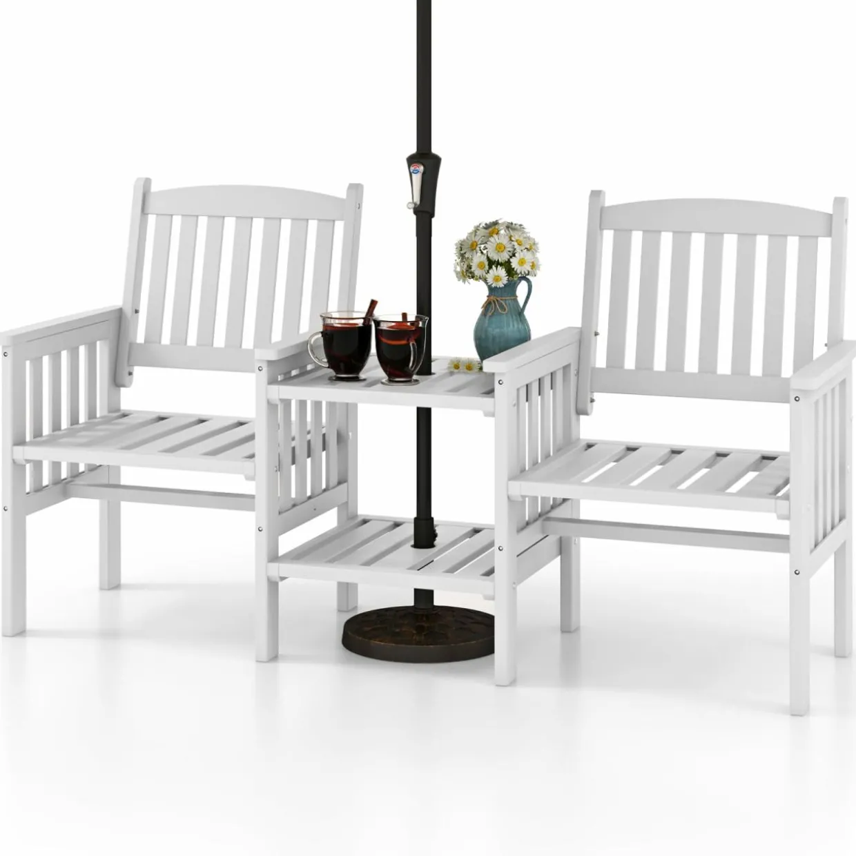 Tangkula Outdoor Fir Wood Loveseat with 2-Tier Side Table and Umbrella Hole