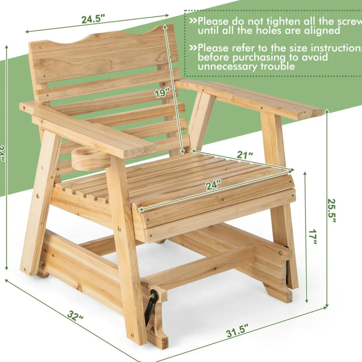 Tangkula Outdoor Fir Wood Glider Chair, Outdoor Swing Chair with Rotatable Hidden Cup Holder