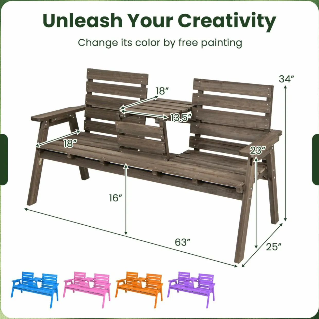 Tangkula Outdoor Fir Wood Bench with Foldable Middle Table, 2-3 Person Garden Bench (Coffee)