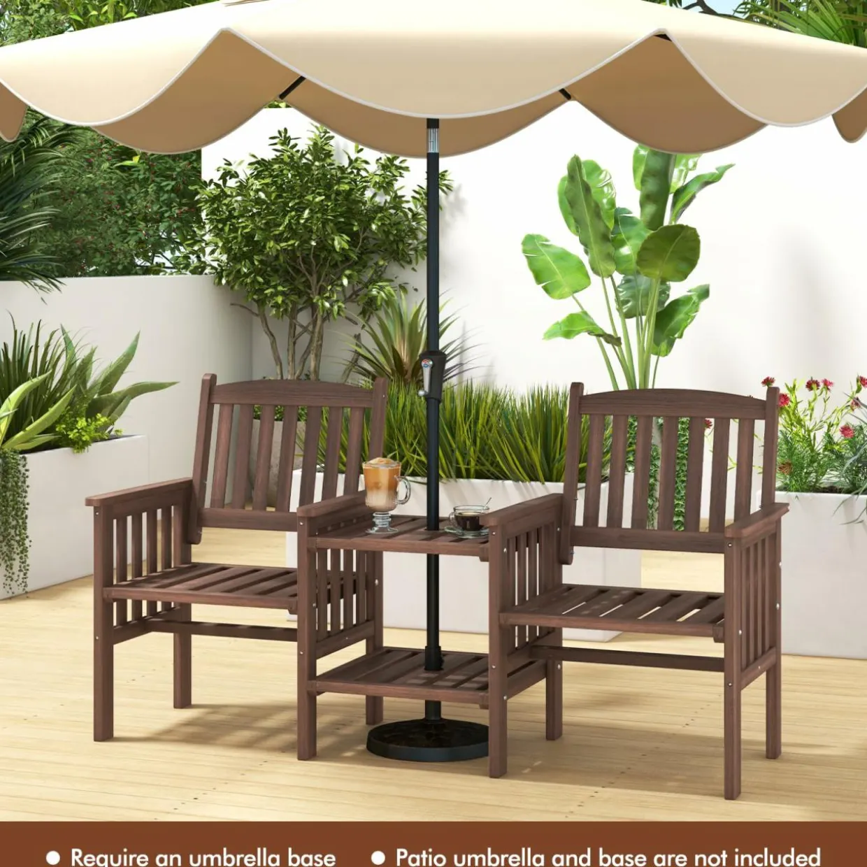 Tangkula Outdoor Fir Wood Loveseat with 2-Tier Side Table and Umbrella Hole