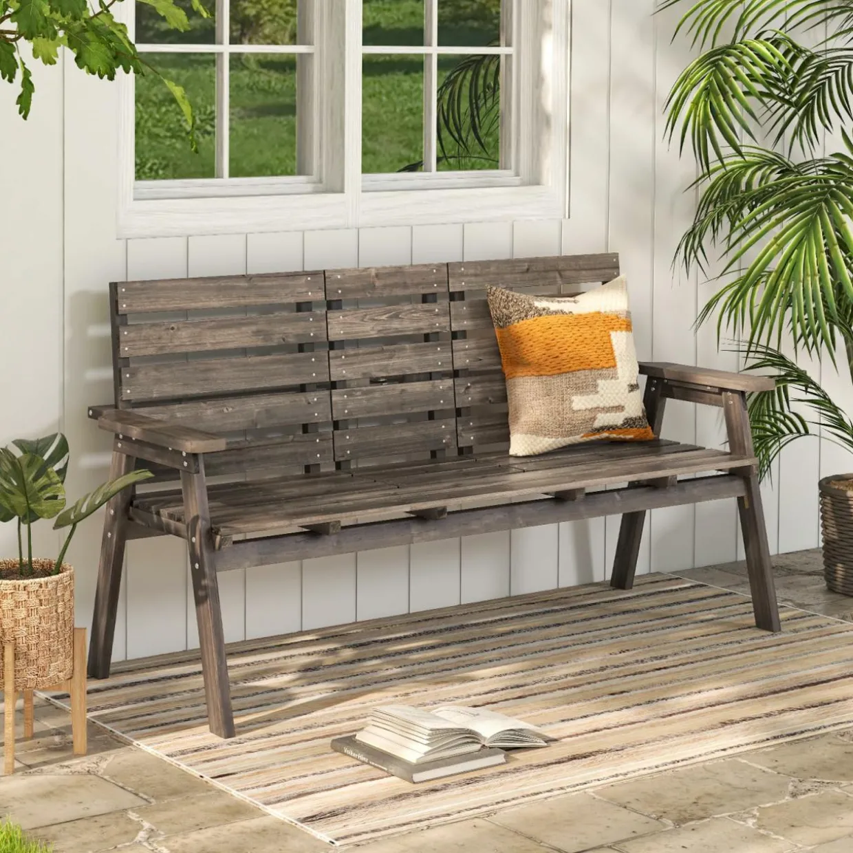 Tangkula Outdoor Fir Wood Bench with Foldable Middle Table, 2-3 Person Garden Bench (Coffee)