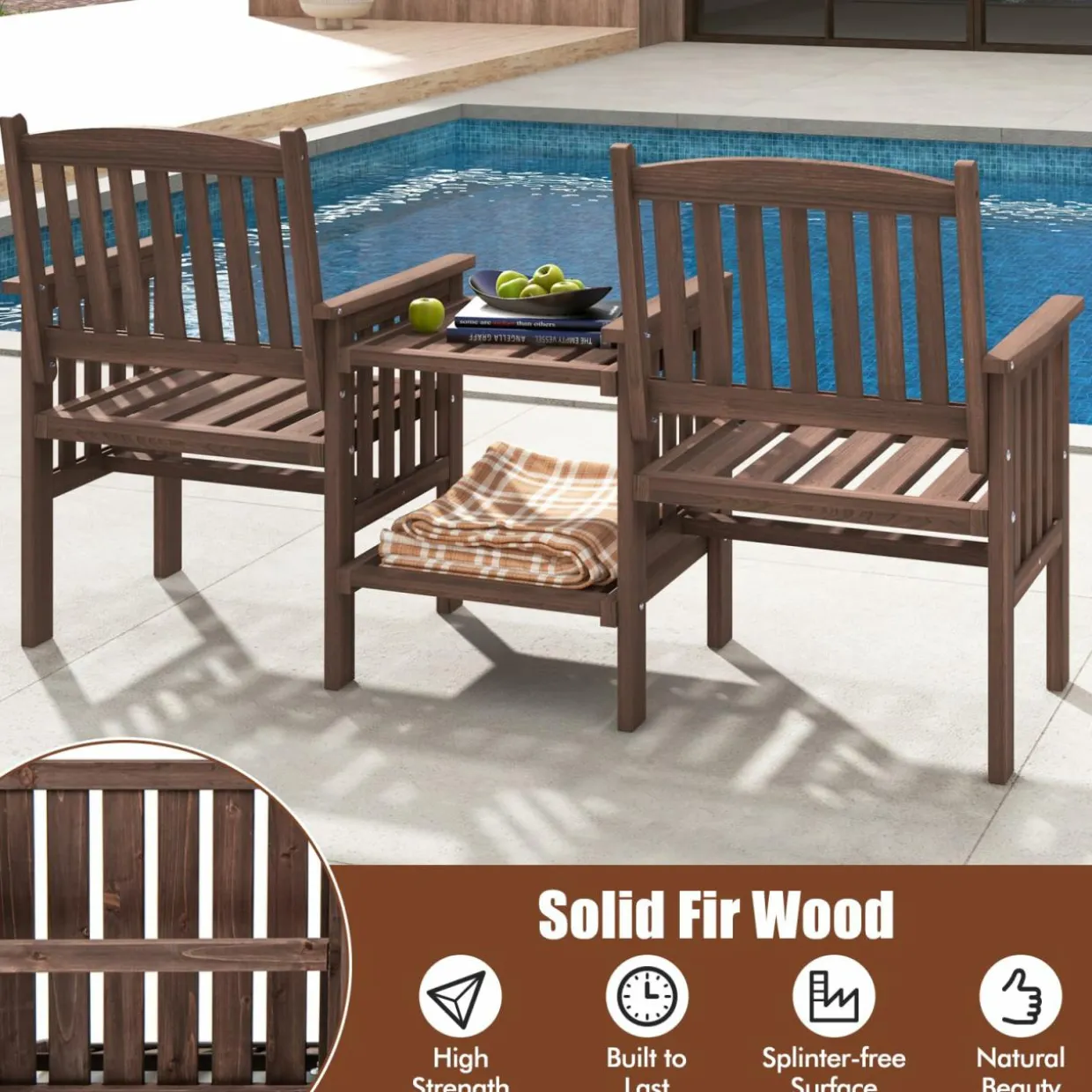 Tangkula Outdoor Fir Wood Loveseat with 2-Tier Side Table and Umbrella Hole