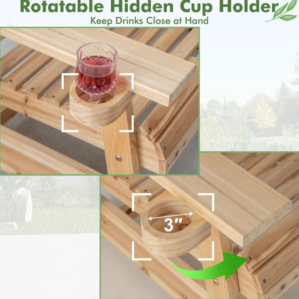Tangkula Outdoor Fir Wood Glider Chair, Outdoor Swing Chair with Rotatable Hidden Cup Holder