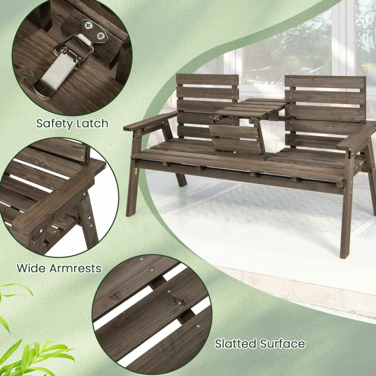 Tangkula Outdoor Fir Wood Bench with Foldable Middle Table, 2-3 Person Garden Bench (Coffee)