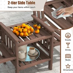 Tangkula Outdoor Fir Wood Loveseat with 2-Tier Side Table and Umbrella Hole