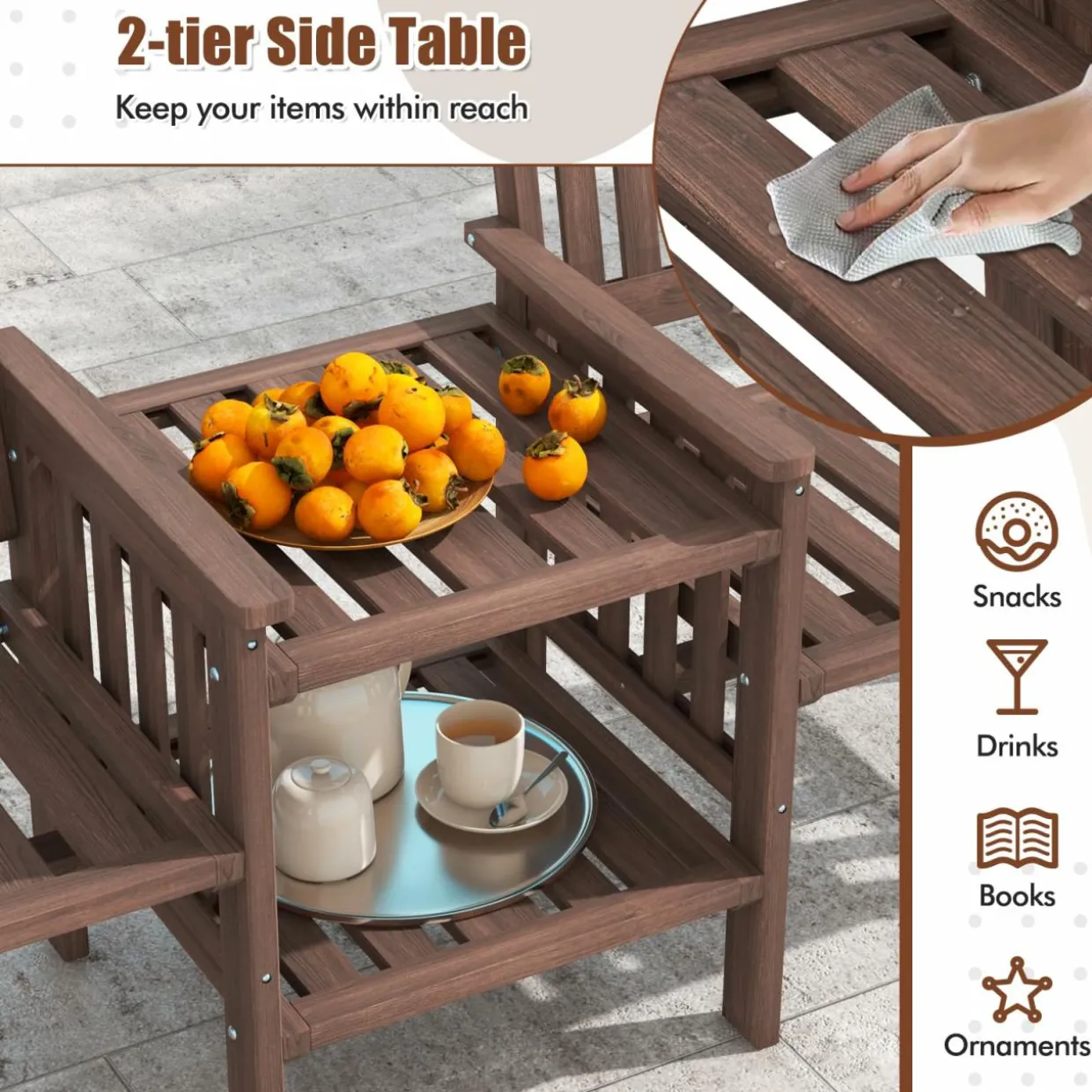Tangkula Outdoor Fir Wood Loveseat with 2-Tier Side Table and Umbrella Hole