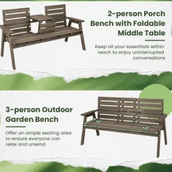 Tangkula Outdoor Fir Wood Bench with Foldable Middle Table, 2-3 Person Garden Bench (Coffee)
