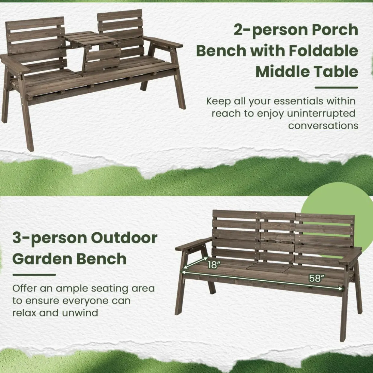 Tangkula Outdoor Fir Wood Bench with Foldable Middle Table, 2-3 Person Garden Bench (Coffee)