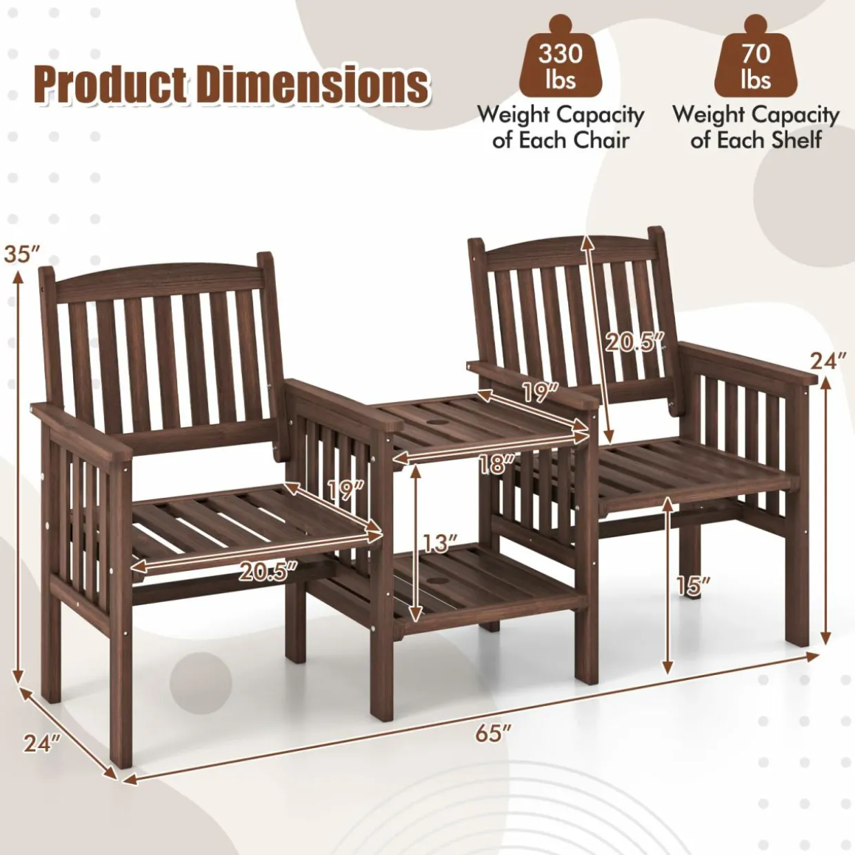 Tangkula Outdoor Fir Wood Loveseat with 2-Tier Side Table and Umbrella Hole