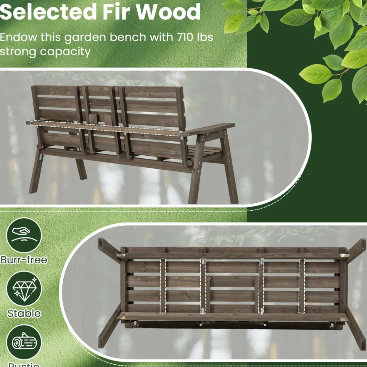 Tangkula Outdoor Fir Wood Bench with Foldable Middle Table, 2-3 Person Garden Bench (Coffee)
