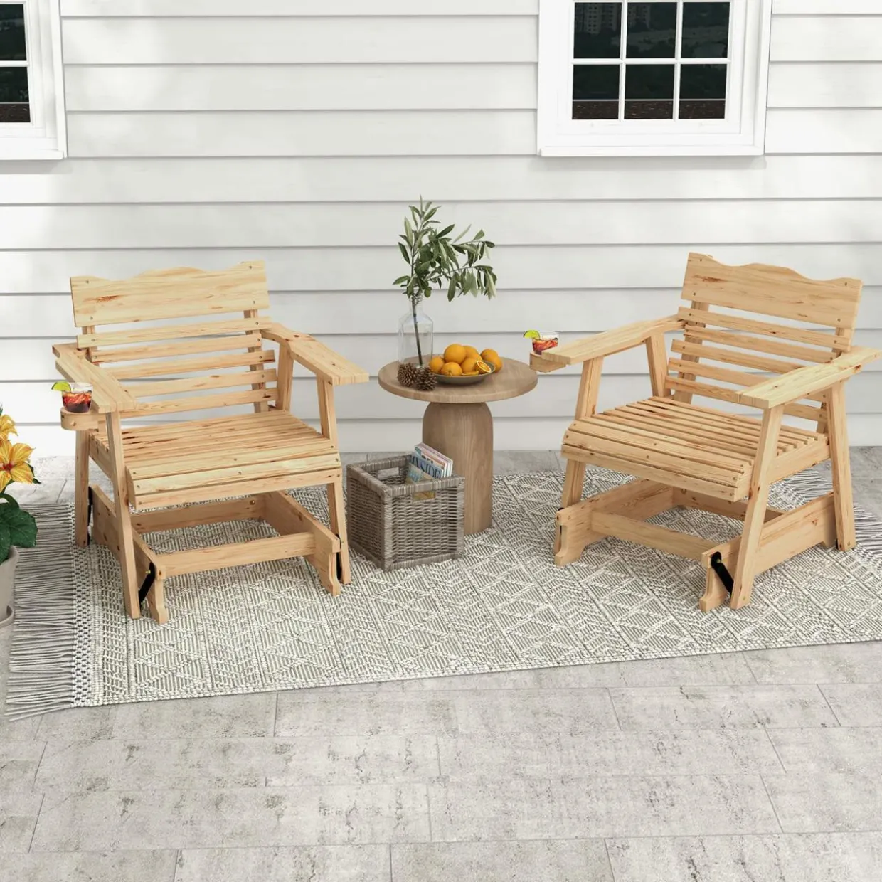 Tangkula Outdoor Fir Wood Glider Chair, Outdoor Swing Chair with Rotatable Hidden Cup Holder