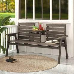 Tangkula Outdoor Fir Wood Bench with Foldable Middle Table, 2-3 Person Garden Bench (Coffee)