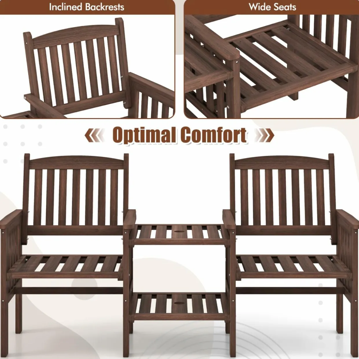 Tangkula Outdoor Fir Wood Loveseat with 2-Tier Side Table and Umbrella Hole
