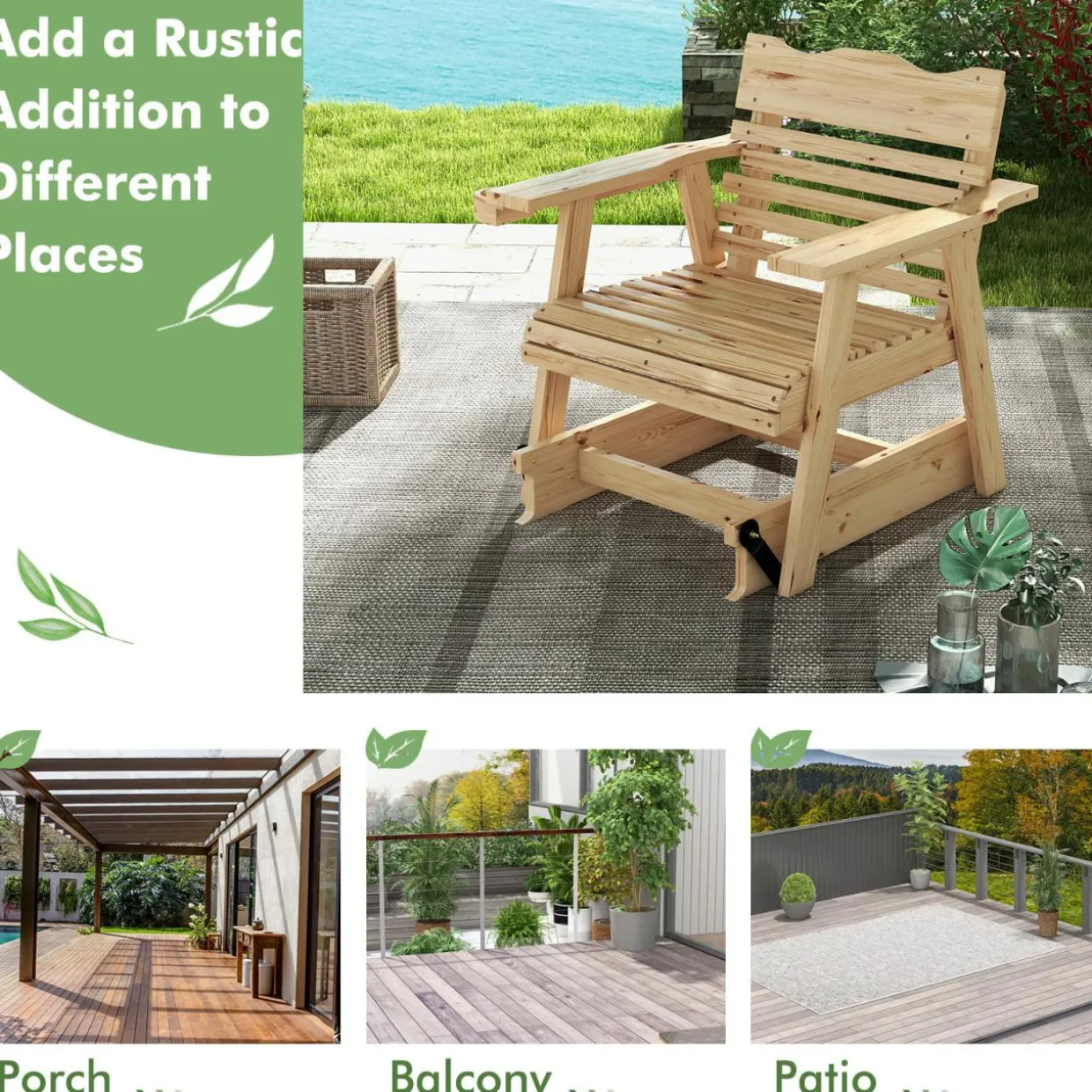 Tangkula Outdoor Fir Wood Glider Chair, Outdoor Swing Chair with Rotatable Hidden Cup Holder