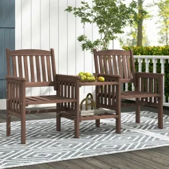 Tangkula Outdoor Fir Wood Loveseat with 2-Tier Side Table and Umbrella Hole