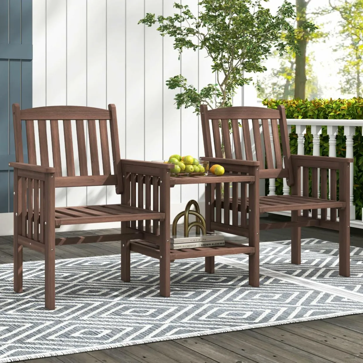 Tangkula Outdoor Fir Wood Loveseat with 2-Tier Side Table and Umbrella Hole