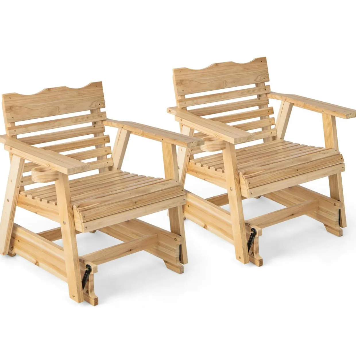 Tangkula Outdoor Fir Wood Glider Chair, Outdoor Swing Chair with Rotatable Hidden Cup Holder