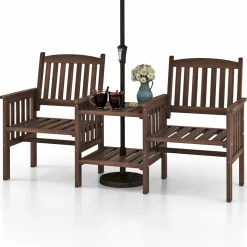 Tangkula Outdoor Fir Wood Loveseat with 2-Tier Side Table and Umbrella Hole