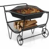 Tangkula Outdoor Fire Pit with Wheels and Firewood Log Rack, Patio Wood Burning Bonfire Pit with Storage Rack