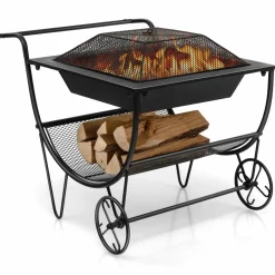 Tangkula Outdoor Fire Pit with Wheels and Firewood Log Rack, Patio Wood Burning Bonfire Pit with Storage Rack