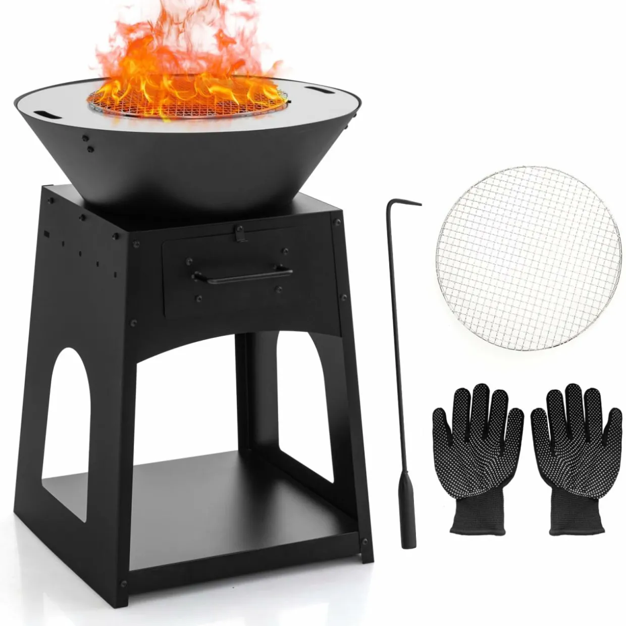 Tangkula Outdoor Fire Pit with Storage, Patio Wood Burning Fireplace with Grill & Ash Box, Spacious Bottom Storage Compartment