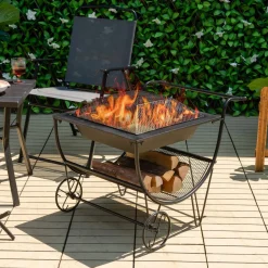 Tangkula Outdoor Fire Pit with Wheels and Firewood Log Rack, Patio Wood Burning Bonfire Pit with Storage Rack