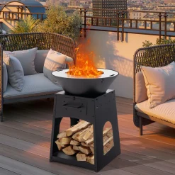 Tangkula Outdoor Fire Pit with Storage, Patio Wood Burning Fireplace with Grill & Ash Box, Spacious Bottom Storage Compartment