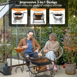 Tangkula Outdoor Fire Pit with Wheels and Firewood Log Rack, Patio Wood Burning Bonfire Pit with Storage Rack