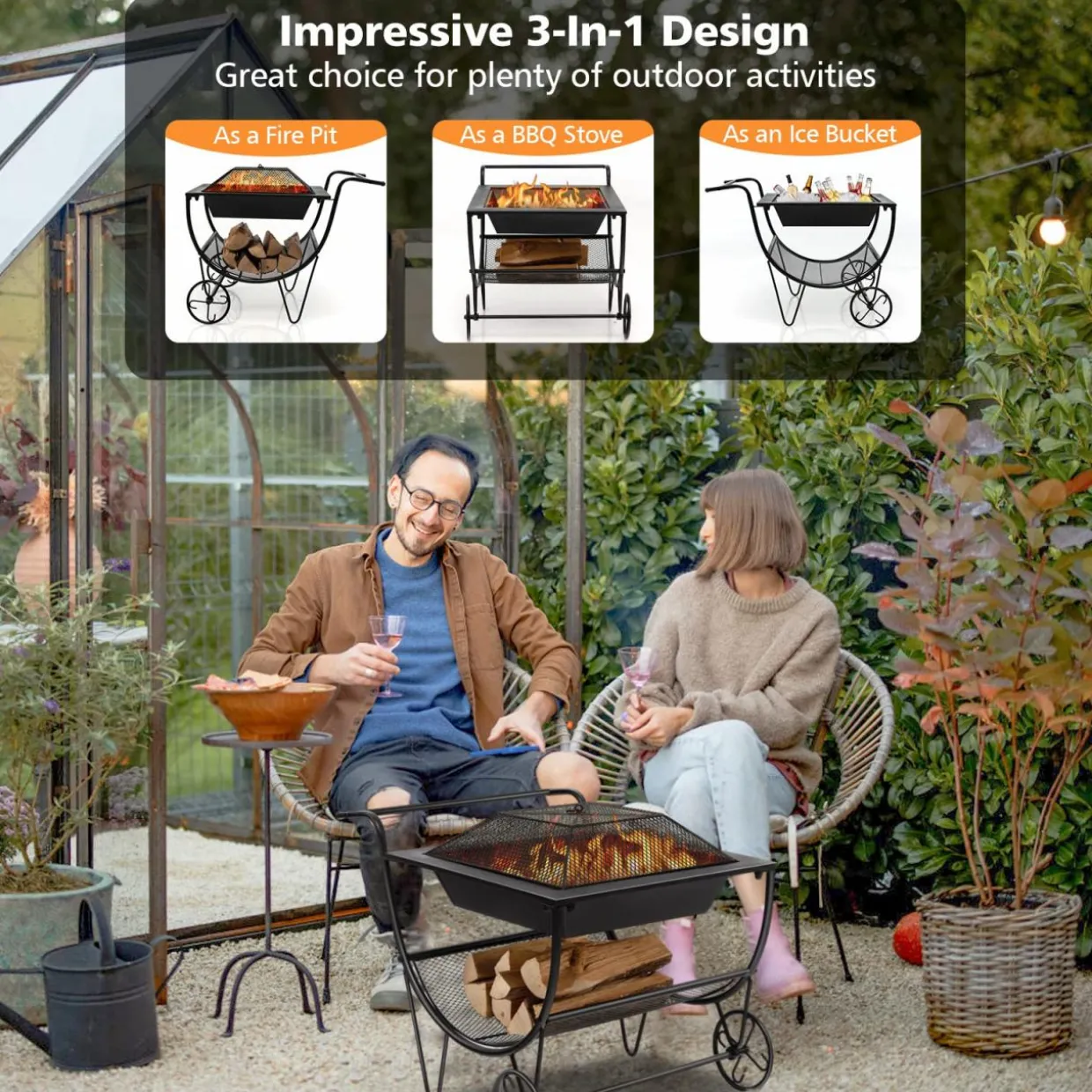 Tangkula Outdoor Fire Pit with Wheels and Firewood Log Rack, Patio Wood Burning Bonfire Pit with Storage Rack