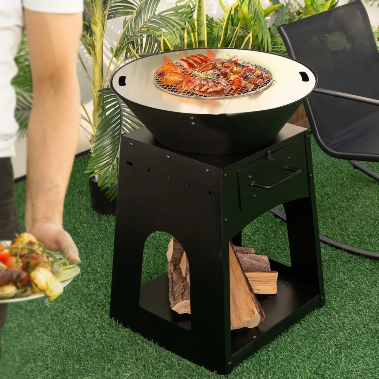Tangkula Outdoor Fire Pit with Storage, Patio Wood Burning Fireplace with Grill & Ash Box, Spacious Bottom Storage Compartment