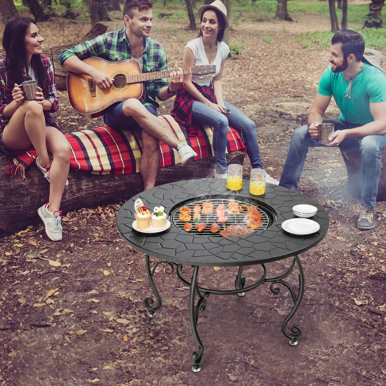 Tangkula Outdoor Fire Pit Table, 4 in 1 36 Inch Round BBQ Garden Fire Bowl with Lid, Bonfire Wood Burning Fire Pit for Outside Backyard