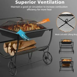 Tangkula Outdoor Fire Pit with Wheels and Firewood Log Rack, Patio Wood Burning Bonfire Pit with Storage Rack
