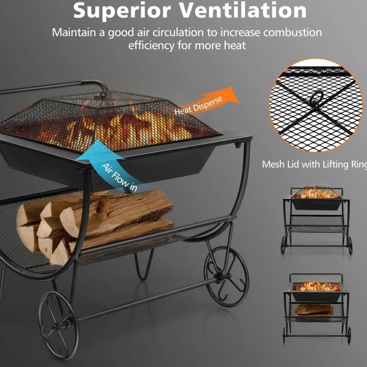 Tangkula Outdoor Fire Pit with Wheels and Firewood Log Rack, Patio Wood Burning Bonfire Pit with Storage Rack