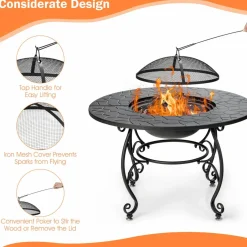 Tangkula Outdoor Fire Pit Table, 4 in 1 36 Inch Round BBQ Garden Fire Bowl with Lid, Bonfire Wood Burning Fire Pit for Outside Backyard