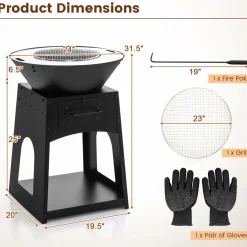 Tangkula Outdoor Fire Pit with Storage, Patio Wood Burning Fireplace with Grill & Ash Box, Spacious Bottom Storage Compartment