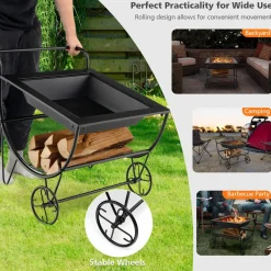 Tangkula Outdoor Fire Pit with Wheels and Firewood Log Rack, Patio Wood Burning Bonfire Pit with Storage Rack