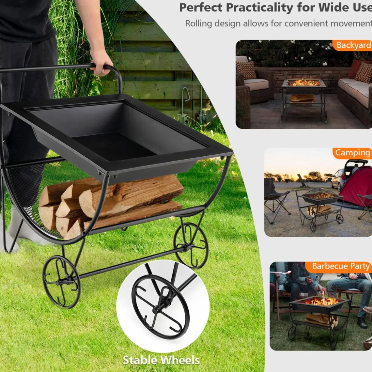 Tangkula Outdoor Fire Pit with Wheels and Firewood Log Rack, Patio Wood Burning Bonfire Pit with Storage Rack
