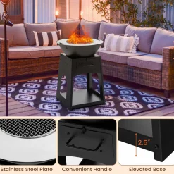 Tangkula Outdoor Fire Pit with Storage, Patio Wood Burning Fireplace with Grill & Ash Box, Spacious Bottom Storage Compartment