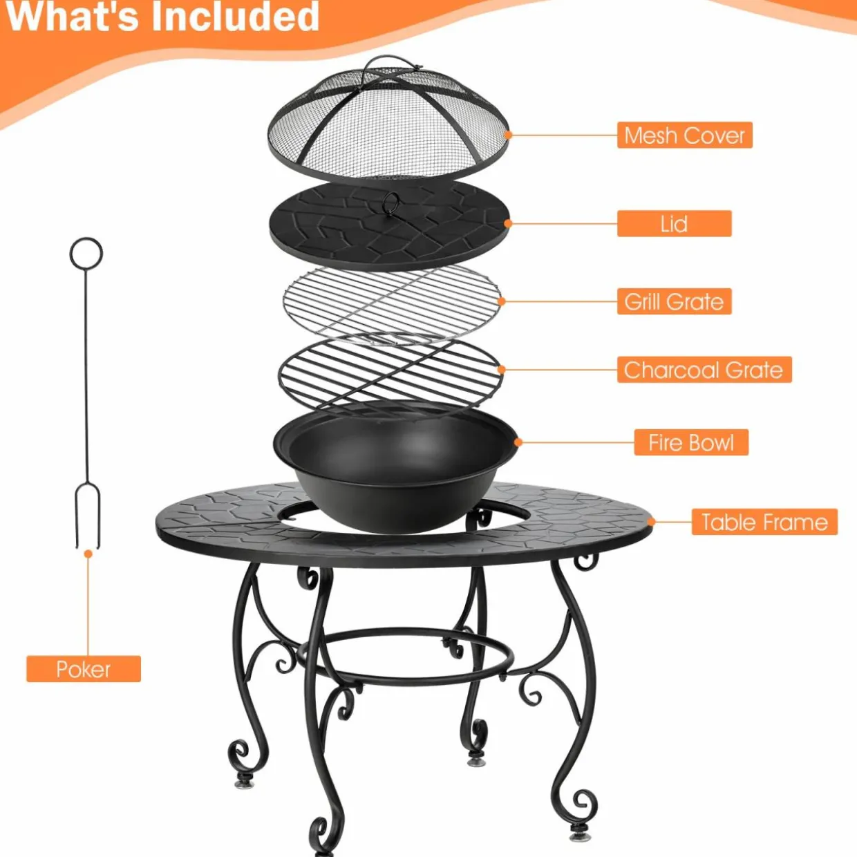 Tangkula Outdoor Fire Pit Table, 4 in 1 36 Inch Round BBQ Garden Fire Bowl with Lid, Bonfire Wood Burning Fire Pit for Outside Backyard