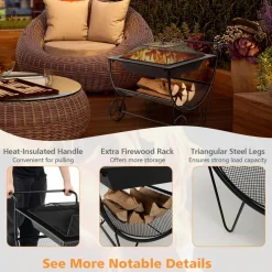 Tangkula Outdoor Fire Pit with Wheels and Firewood Log Rack, Patio Wood Burning Bonfire Pit with Storage Rack