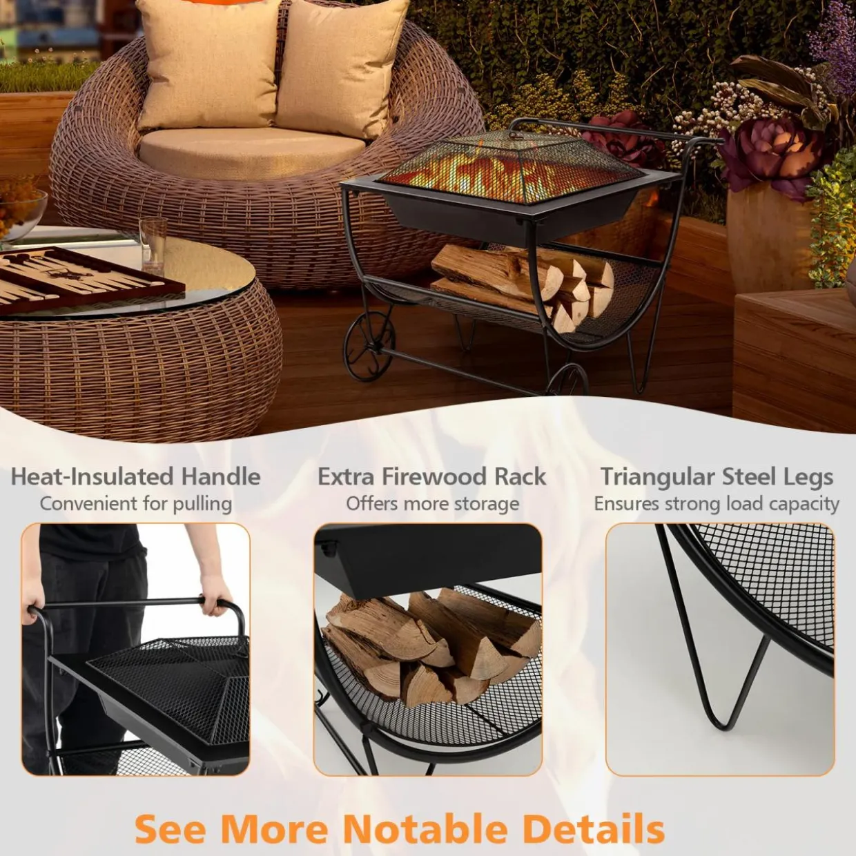 Tangkula Outdoor Fire Pit with Wheels and Firewood Log Rack, Patio Wood Burning Bonfire Pit with Storage Rack