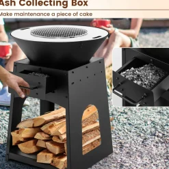 Tangkula Outdoor Fire Pit with Storage, Patio Wood Burning Fireplace with Grill & Ash Box, Spacious Bottom Storage Compartment