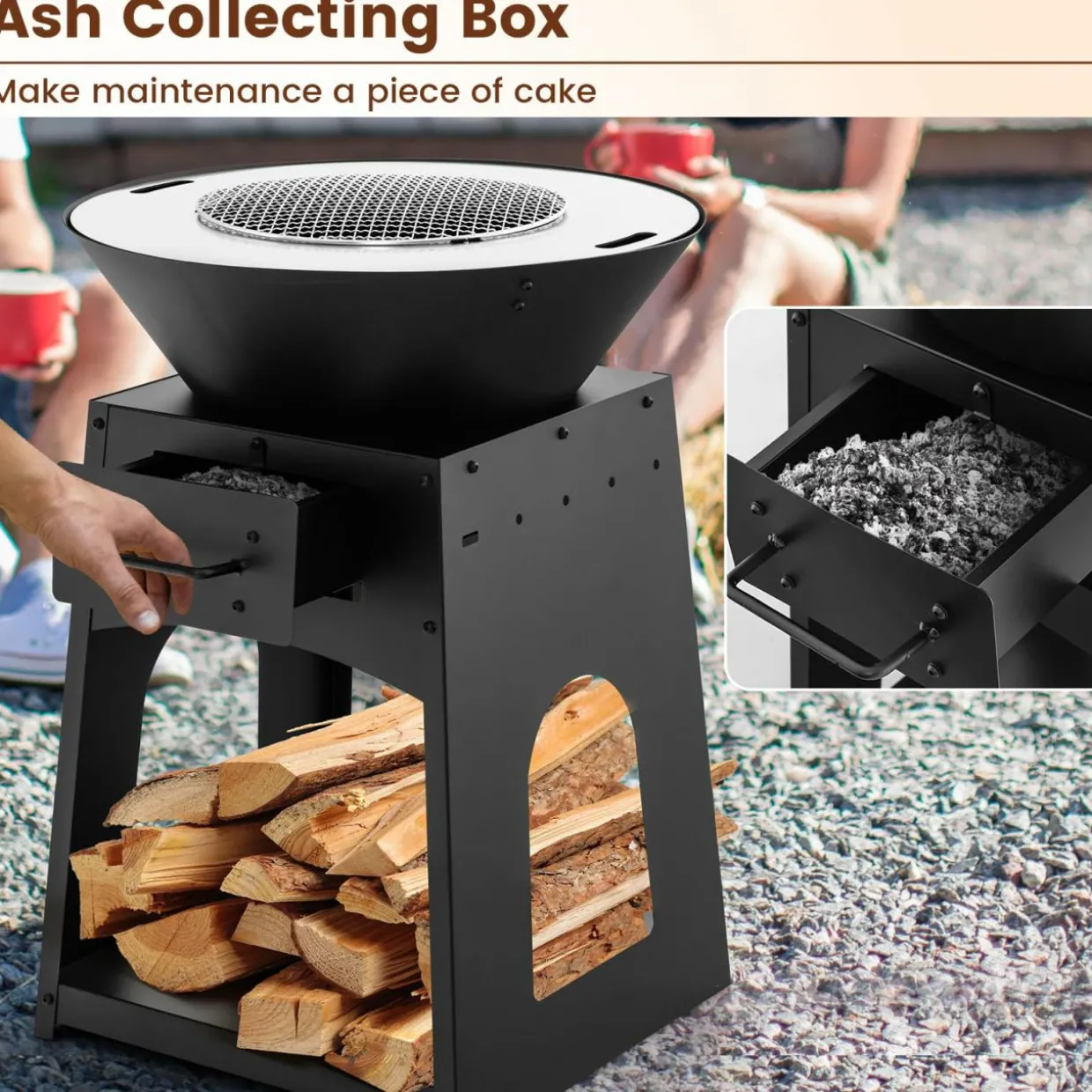 Tangkula Outdoor Fire Pit with Storage, Patio Wood Burning Fireplace with Grill & Ash Box, Spacious Bottom Storage Compartment