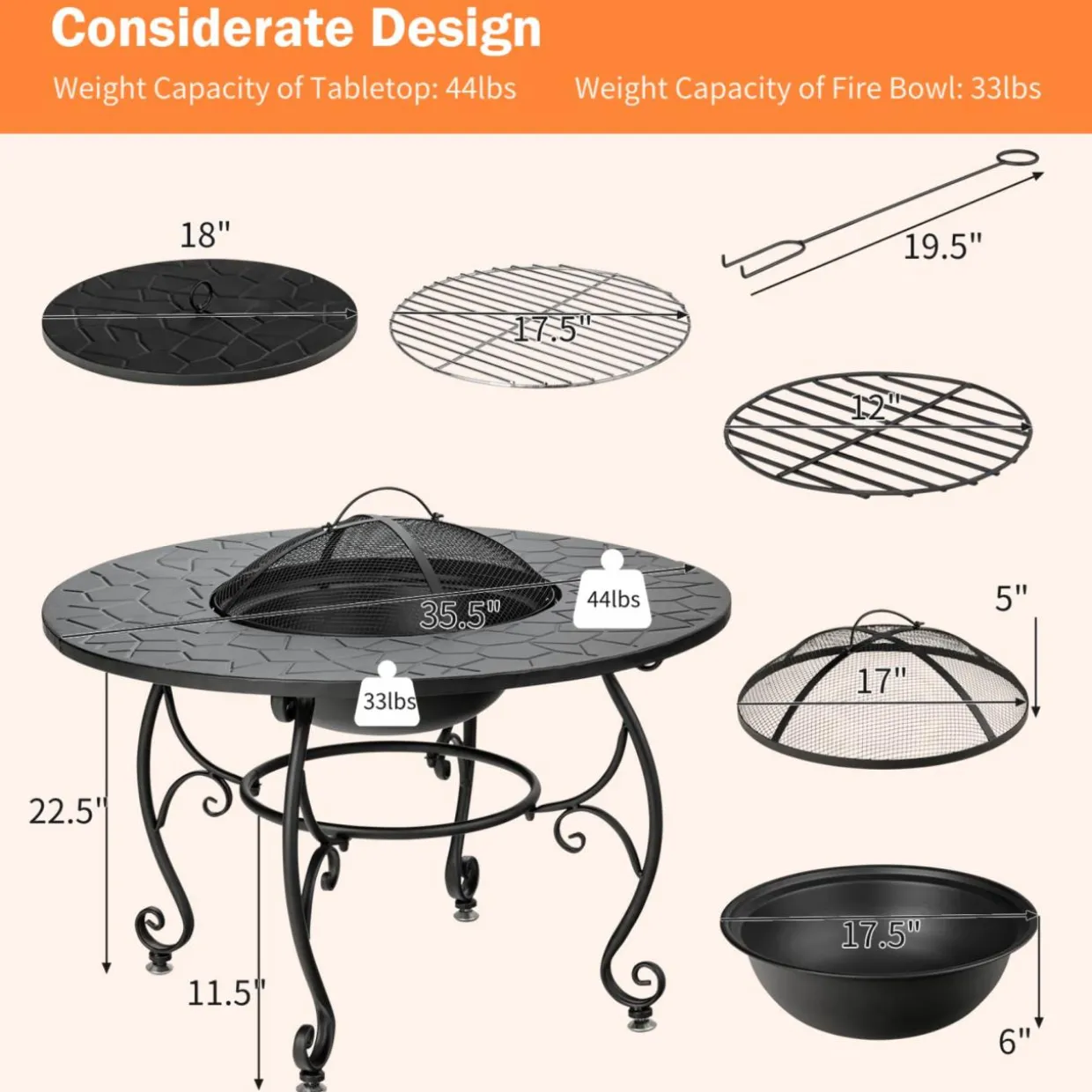 Tangkula Outdoor Fire Pit Table, 4 in 1 36 Inch Round BBQ Garden Fire Bowl with Lid, Bonfire Wood Burning Fire Pit for Outside Backyard