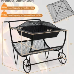 Tangkula Outdoor Fire Pit with Wheels and Firewood Log Rack, Patio Wood Burning Bonfire Pit with Storage Rack