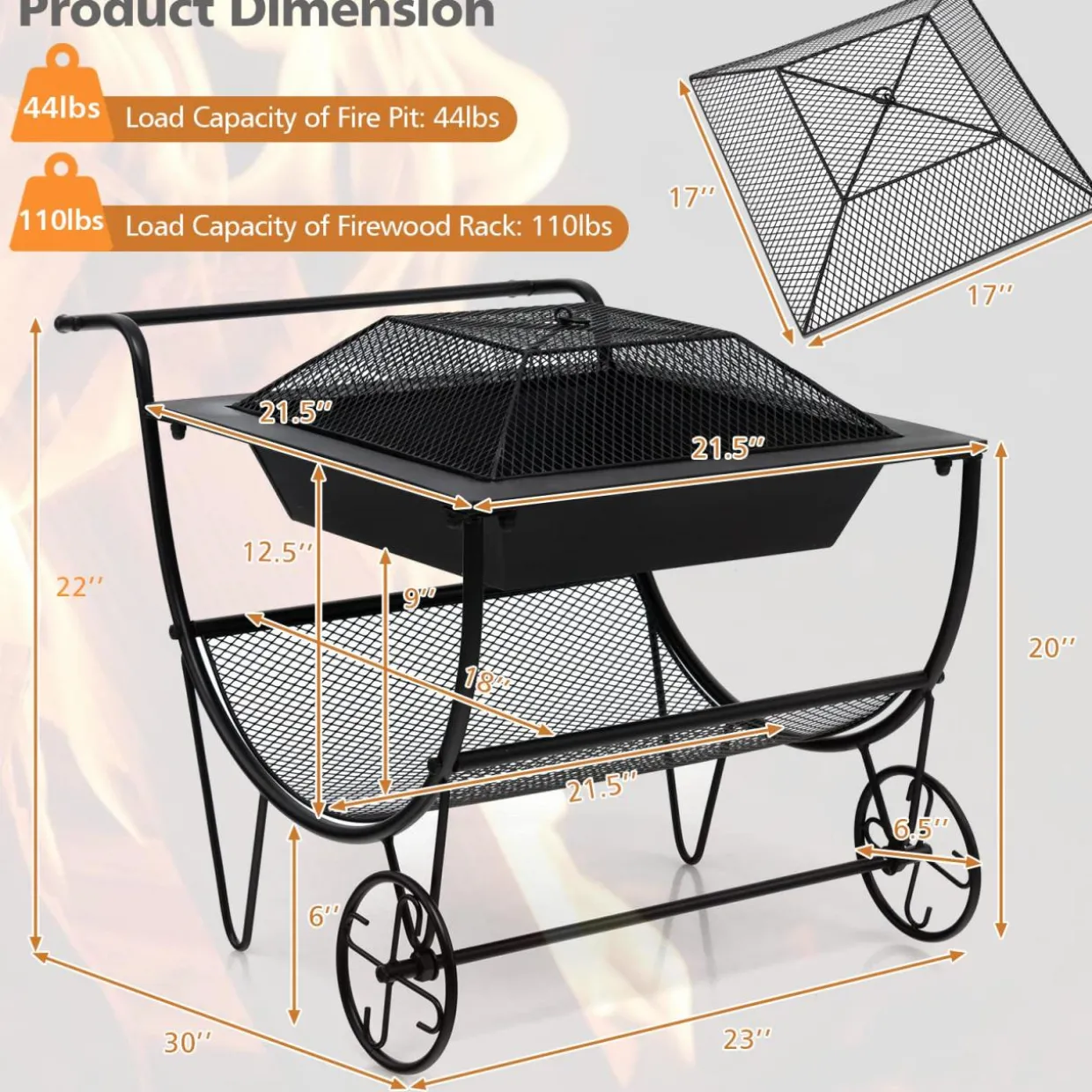 Tangkula Outdoor Fire Pit with Wheels and Firewood Log Rack, Patio Wood Burning Bonfire Pit with Storage Rack