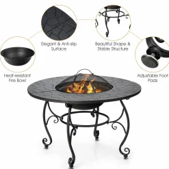 Tangkula Outdoor Fire Pit Table, 4 in 1 36 Inch Round BBQ Garden Fire Bowl with Lid, Bonfire Wood Burning Fire Pit for Outside Backyard