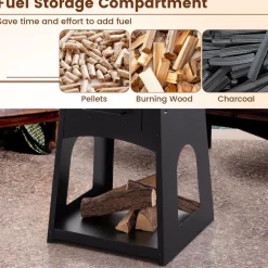 Tangkula Outdoor Fire Pit with Storage, Patio Wood Burning Fireplace with Grill & Ash Box, Spacious Bottom Storage Compartment